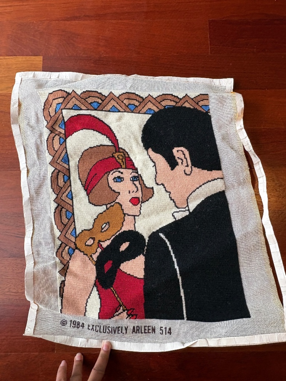 Vintage Art Deco Needlepoint - Hand-Stitched - Revival Masquerade Couple